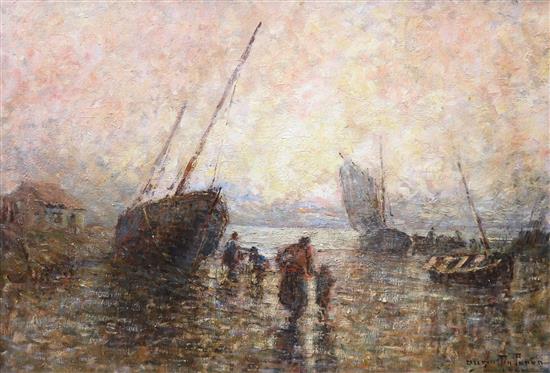 Augustin Panen, oil on canvas, beached fishing boats at sunset, signed and dated 1909, 49 x 71cm